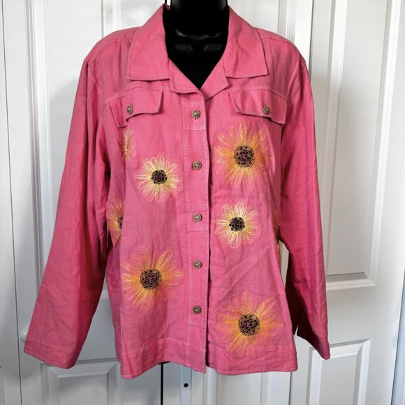 Kelly Scott L Linen Blend Pink Button Front Shirt Embroidered Sunflowers Jacket - Picture 1 of 7